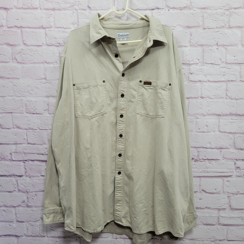 Carhartt Beige Button Up Shirt Shacket‎ Mens 3XL Tall Collared Workwear Utility